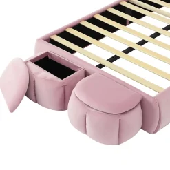 Lit rembourré 90x200cm avec oreilles de lapin, LED chaude réglable, 2 poufs de rangement, velours rose