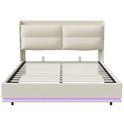 Lit rembourré 160x200cm avec recharge sans fil (USB et Type-C), lit double avec LED, velours, beige