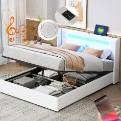 Lit rembourré 140x200cm avec sommier à lattes lit barre lumineuse à led lecteur bluetooth et recharge usb lit double cuir pu blanc