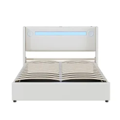 Lit rembourré 140x200cm avec sommier à lattes lit barre lumineuse à led lecteur bluetooth et recharge usb lit double cuir pu blanc
