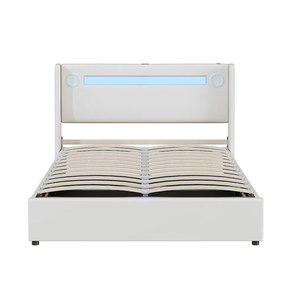 Lit rembourré 140x200cm avec sommier à lattes lit barre lumineuse à led lecteur bluetooth et recharge usb lit double cuir pu blanc