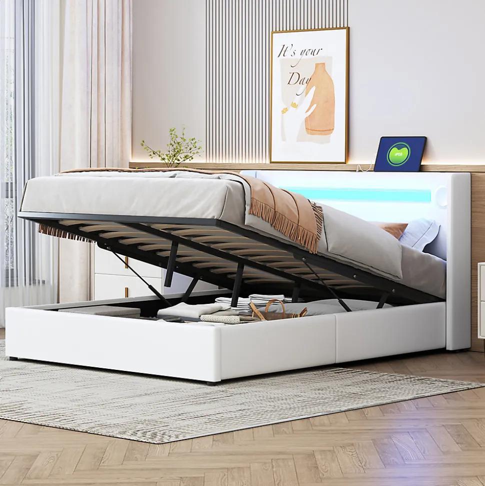 Lit rembourré 140x200cm avec sommier à lattes lit barre lumineuse à led lecteur bluetooth et recharge usb lit double cuir pu blanc