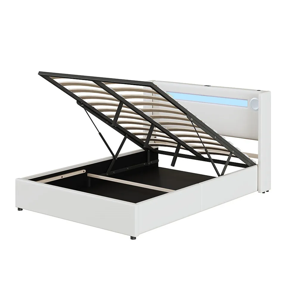 Lit rembourré 140x200cm avec sommier à lattes lit barre lumineuse à led lecteur bluetooth et recharge usb lit double cuir pu blanc