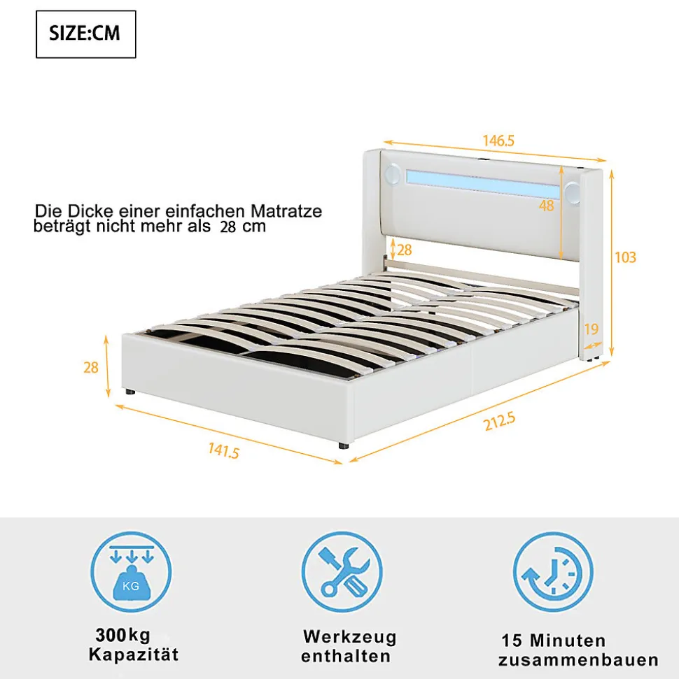 Lit rembourré 140x200cm avec sommier à lattes lit barre lumineuse à led lecteur bluetooth et recharge usb lit double cuir pu blanc