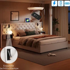 Lit Rembourré 140x200cm avec USB et lampe de lecture, lit double avec rangement, velours, beige