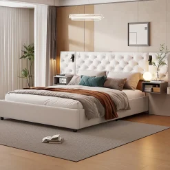 Lit Rembourré 140x200cm avec USB et lampe de lecture, lit double avec rangement, velours, beige