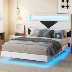 Lit Rembourré 160x200cm avec USB & LED,lit coffre avec tête de lit triangulaire,velours,blanc & noir