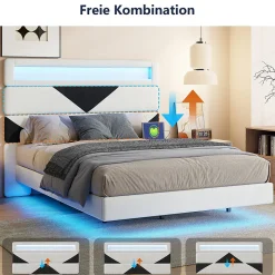 Lit Rembourré 160x200cm avec USB & LED,lit coffre avec tête de lit triangulaire,velours,blanc & noir