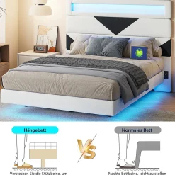 Lit Rembourré 160x200cm avec USB & LED,lit coffre avec tête de lit triangulaire,velours,blanc & noir