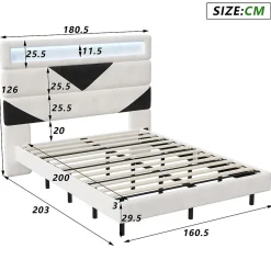 Lit rembourré 160x200cm avec USB et LED, lit coffre avec tête de lit triangulaire, velours, blanc et noir