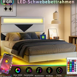 Lit rembourré 160x200cm avec USB et LED, lit coffre avec tête de lit triangulaire, velours, blanc et noir