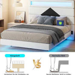 Lit rembourré 140x190cm avec USB, lit double avec LED,lit coffre avec tête de lit en diamant,velours