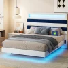 Lit Rembourré 140x190cm avec USB, lit d'adolescent, lit double avec LED, velours, blanc et bleu