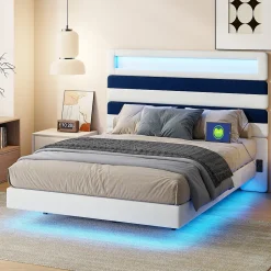 Lit Rembourré 140x190cm avec USB, lit d'adolescent, lit double avec LED, velours, blanc et bleu