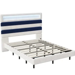 Lit Rembourré 140x190cm avec USB, lit d'adolescent, lit double avec LED, velours, blanc et bleu