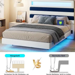 Lit Rembourré 140x190cm avec USB, lit d'adolescent, lit double avec LED, velours, blanc et bleu
