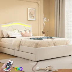 Lit rembourré 90x200cm beige avec télécommande LED, tête réglable et 2 tiroirs, style minimaliste