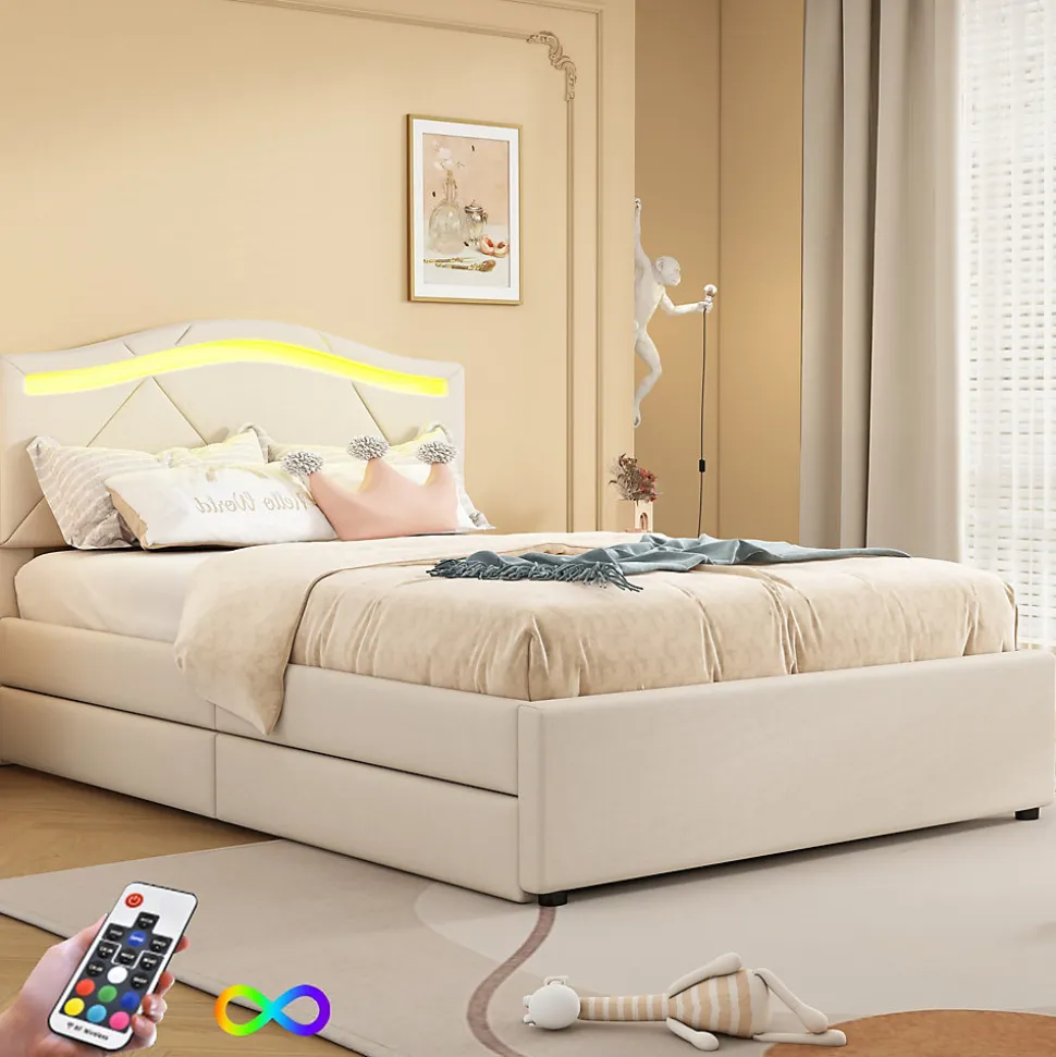 Lit rembourré 90x200cm beige avec télécommande LED, tête réglable et 2 tiroirs, style minimaliste