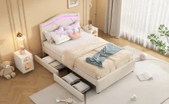 Lit rembourré 90x200cm beige avec télécommande LED, tête réglable et 2 tiroirs, style minimaliste