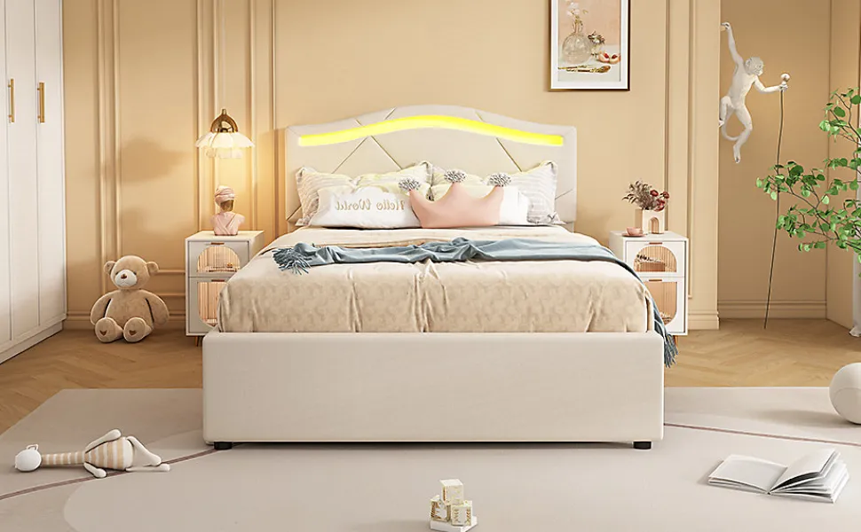 Lit rembourré 90x200cm beige avec télécommande LED, tête réglable et 2 tiroirs, style minimaliste