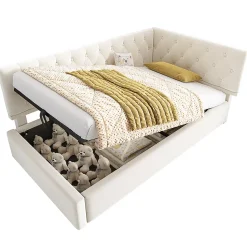 Lit rembourré 90x200cm, canapé-lit, rangement hydraulique, velours beige, sans matelas