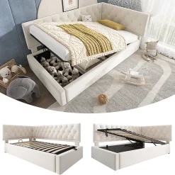 Lit rembourré 90x200cm, canapé-lit, rangement hydraulique, velours beige, sans matelas