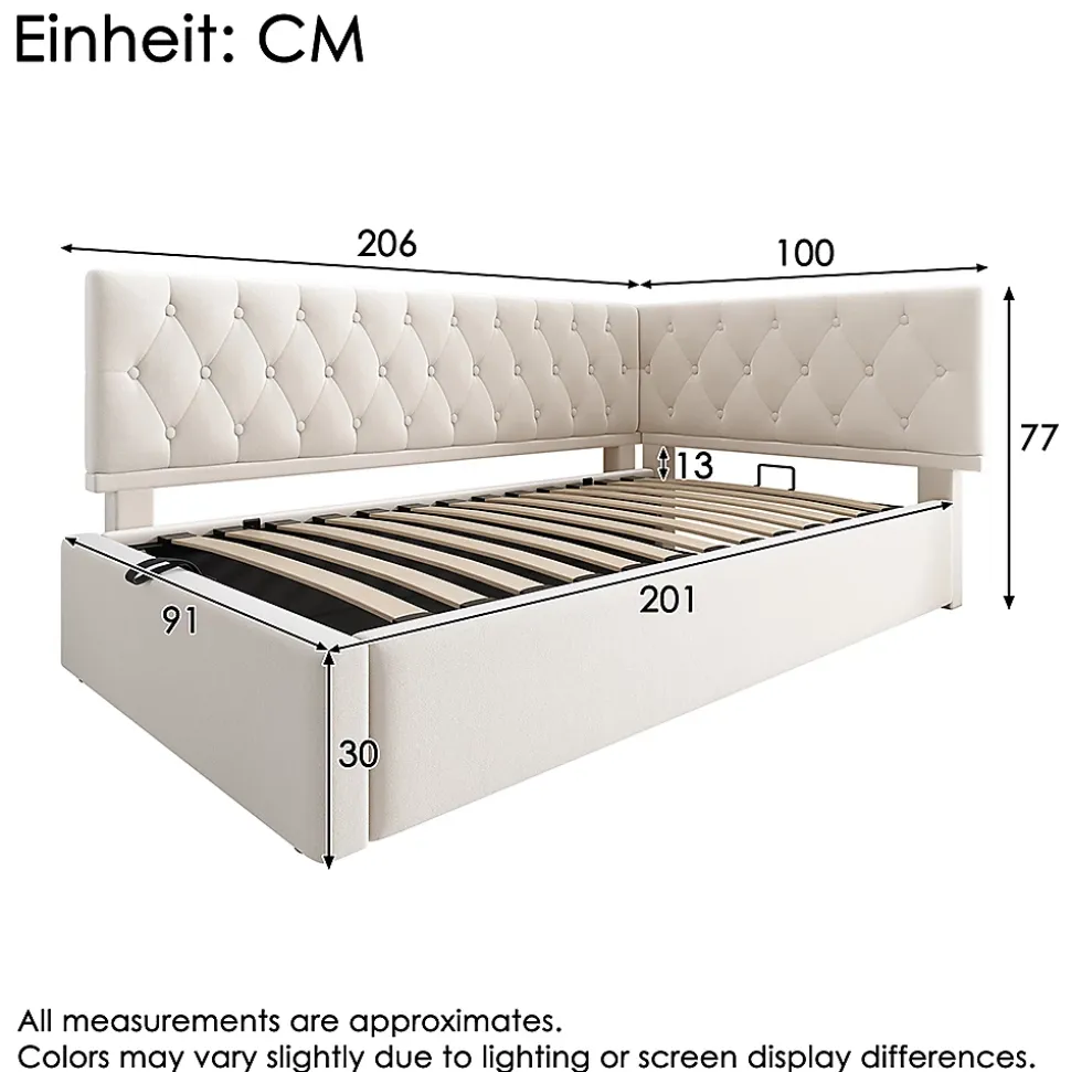 Lit rembourré 90x200cm, canapé-lit, rangement hydraulique, velours beige, sans matelas