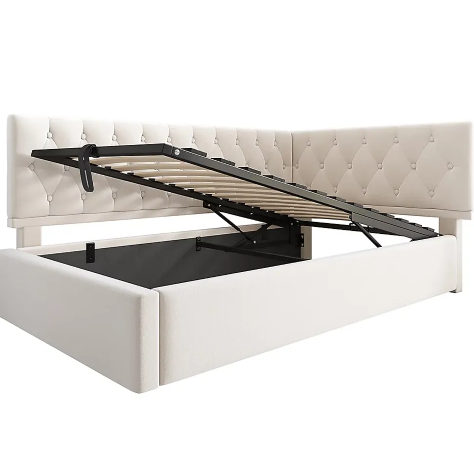 Lit rembourré 90x200cm, canapé-lit, rangement hydraulique, velours beige, sans matelas