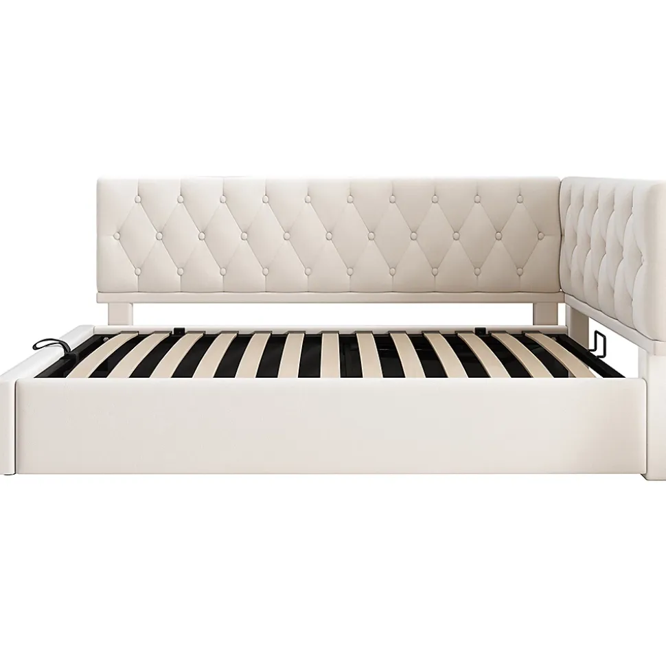 Lit rembourré 90x200cm, canapé-lit, rangement hydraulique, velours beige, sans matelas