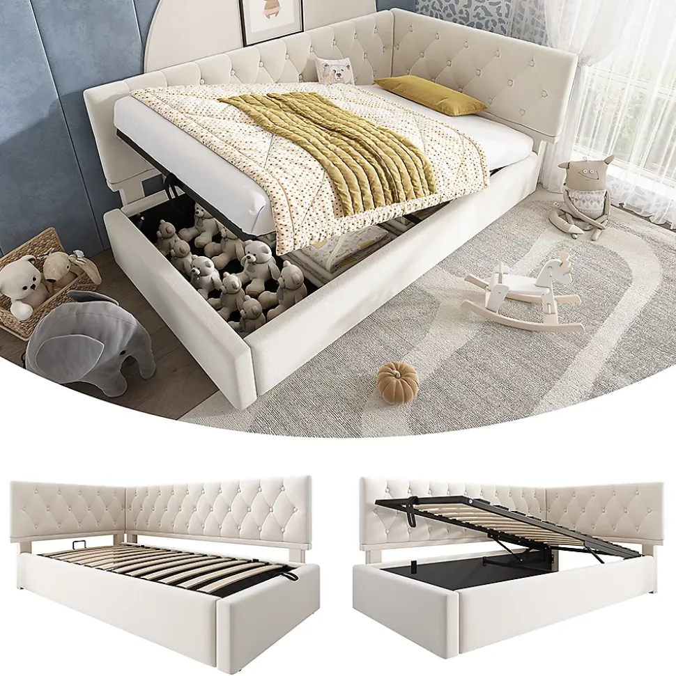 Lit rembourré 90x200cm, canapé-lit, rangement hydraulique, velours beige, sans matelas