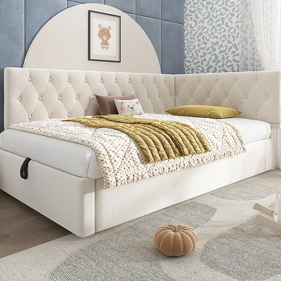 Lit rembourré 90x200cm, canapé-lit, rangement hydraulique, velours beige, sans matelas