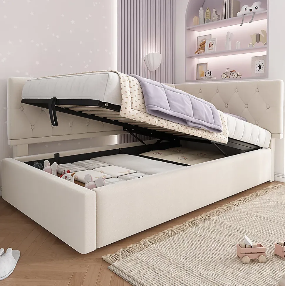 Lit rembourré 90x200cm, canapé-lit, rangement hydraulique, velours beige, sans matelas