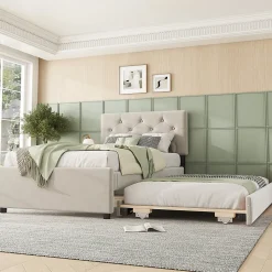 Lit rembourré 90x200cm en velours beige avec sommier, tiroir de rangement, design minimaliste