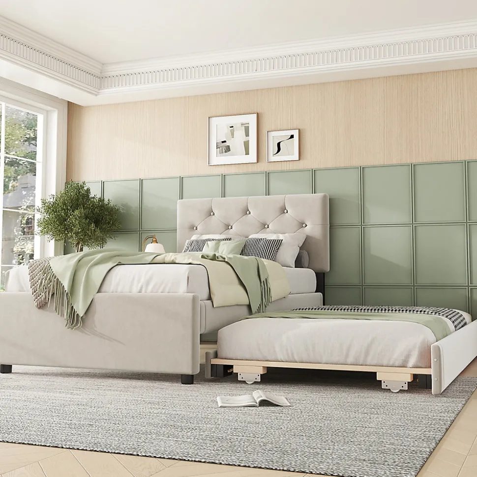 Lit rembourré 90x200cm en velours beige avec sommier, tiroir de rangement, design minimaliste