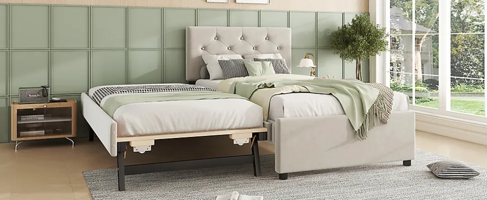 Lit rembourré 90x200cm en velours beige avec sommier, tiroir de rangement, design minimaliste