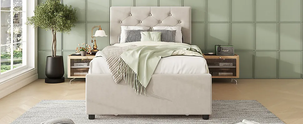 Lit rembourré 90x200cm en velours beige avec sommier, tiroir de rangement, design minimaliste