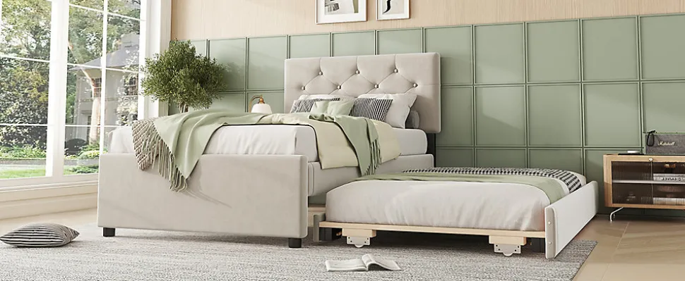 Lit rembourré 90x200cm en velours beige avec sommier, tiroir de rangement, design minimaliste