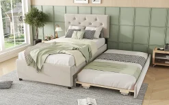 Lit rembourré 90x200cm en velours beige avec sommier, tiroir de rangement, design minimaliste