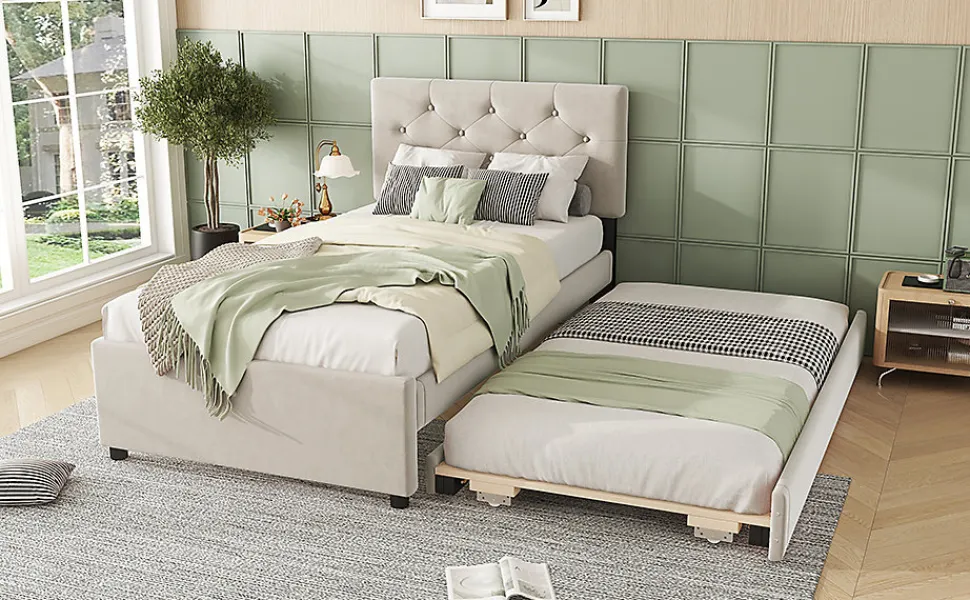 Lit rembourré 90x200cm en velours beige avec sommier, tiroir de rangement, design minimaliste