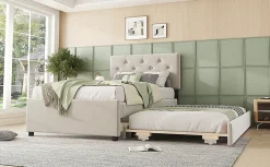 Lit rembourré 90x200cm en velours beige avec sommier, tiroir de rangement, design minimaliste