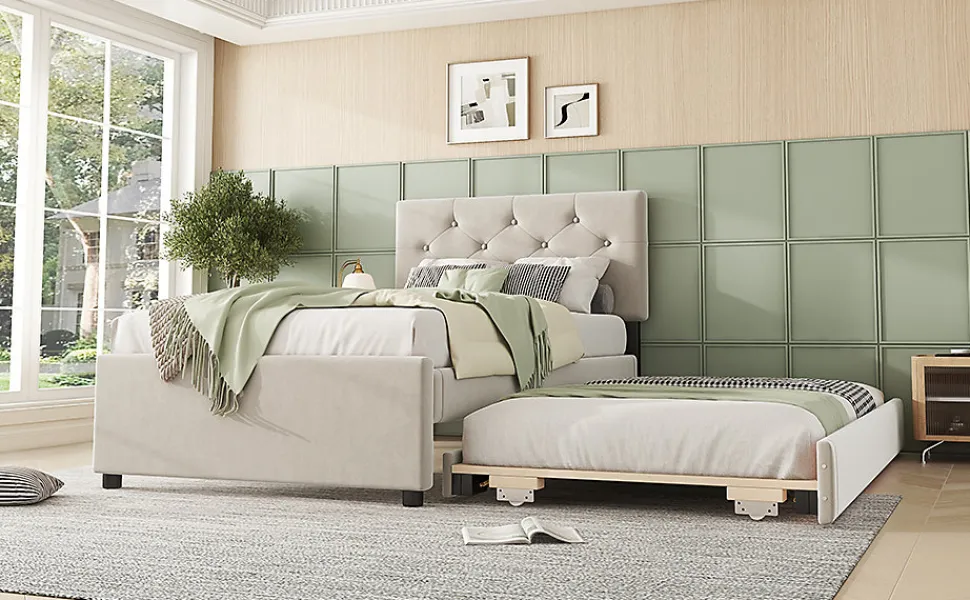 Lit rembourré 90x200cm en velours beige avec sommier, tiroir de rangement, design minimaliste