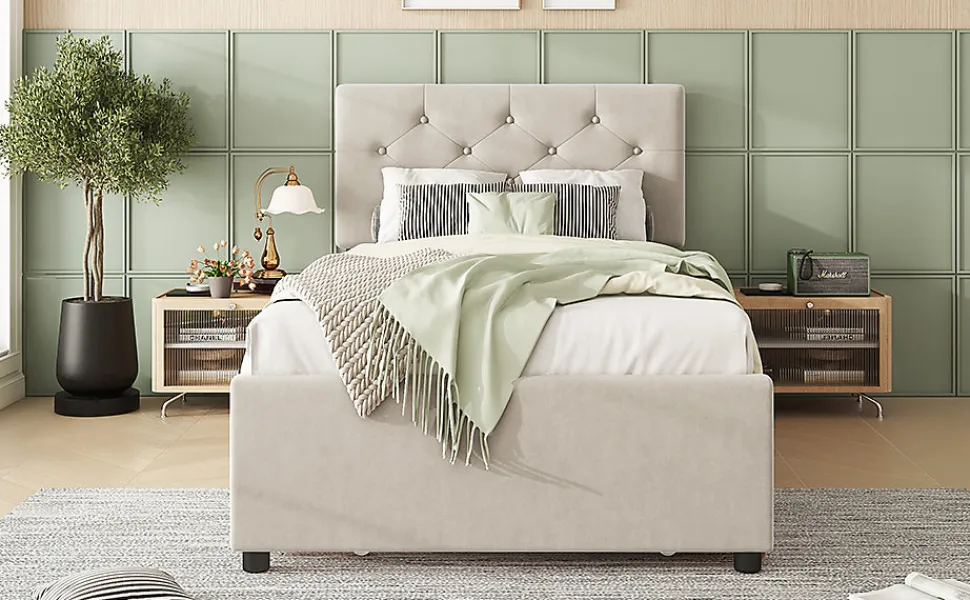 Lit rembourré 90x200cm en velours beige avec sommier, tiroir de rangement, design minimaliste