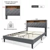 Lit rembourré 140x200cm espace de rangement tête de lit eclairage led lit cadre à lattes en bois lit double lin gris