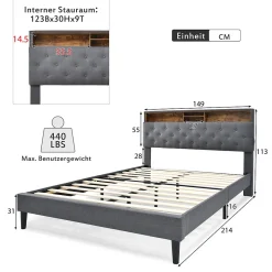 Lit rembourré 140x200cm espace de rangement tête de lit eclairage led lit cadre à lattes en bois lit double lin gris