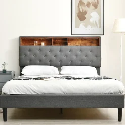 Lit rembourré 140x200cm espace de rangement tête de lit eclairage led lit cadre à lattes en bois lit double lin gris