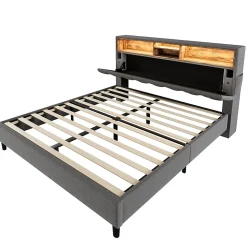 Lit rembourré 140x200cm espace de rangement tête de lit eclairage led lit cadre à lattes en bois lit double lin gris