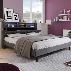 Lit rembourré 140x200cm espace de rangement tête de lit eclairage led lit cadre à lattes en bois lit double lin gris