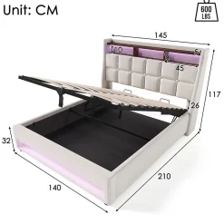 Lit rembourré 140x200cm, led lit double avec sommier à lattes métalliques, lit jeune, lin, beige (sans matelas)