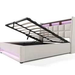 Lit rembourré 140x200cm, led lit double avec sommier à lattes métalliques, lit jeune, lin, beige (sans matelas)