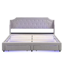 Lit Rembourré 180X200Cm Led Tiroirs Lin Gris Blackcolors